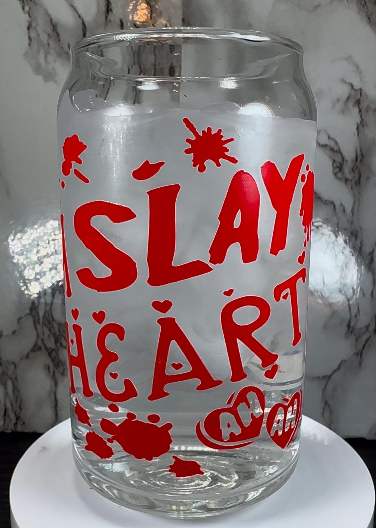 Valentine’s Day Friday the 13th Jason Voorhees color changing Red permanent vinyl on a libbey beer can glass.