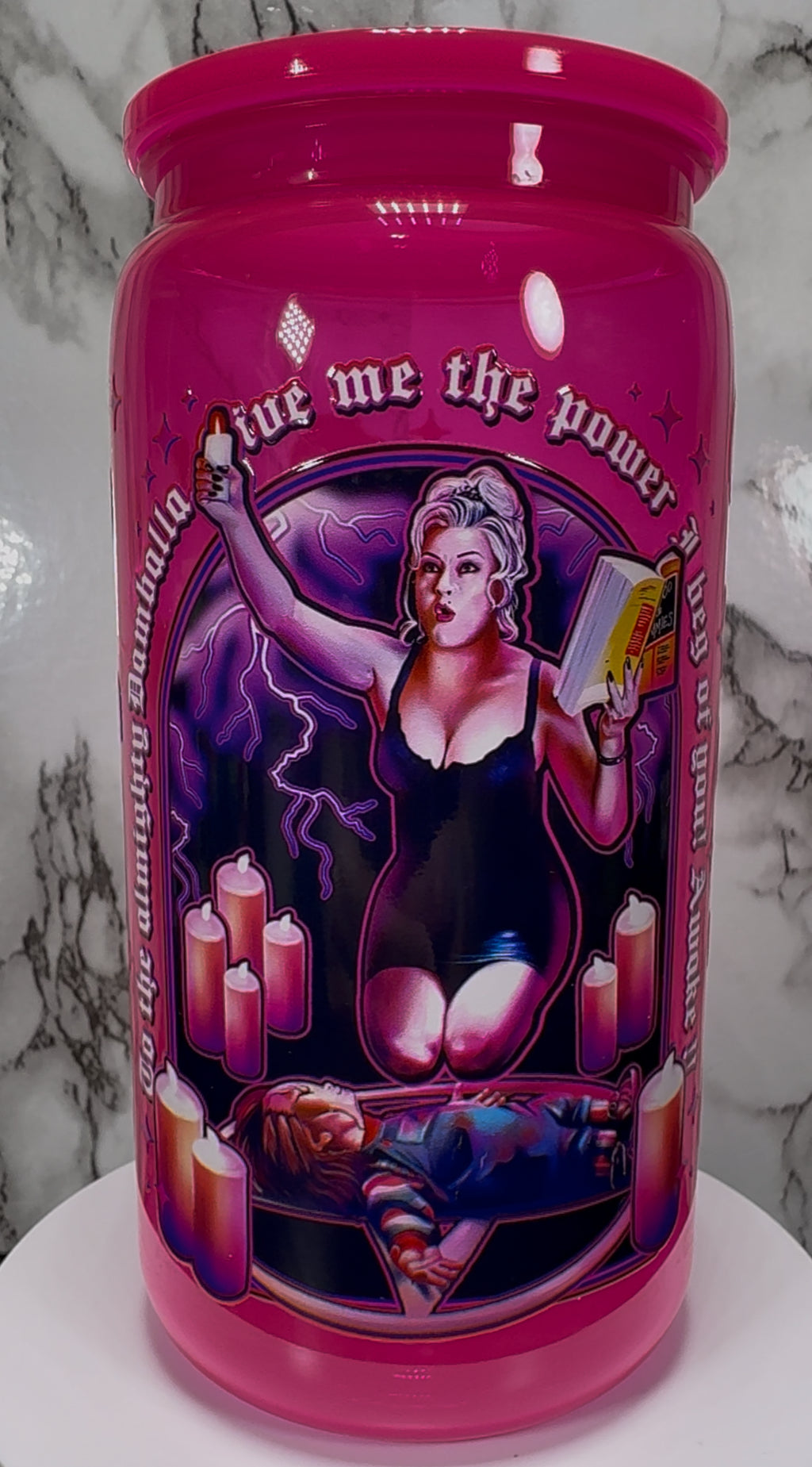 Tiffany Valentine UVDTF on a hot pink PLASTIC beer can cup