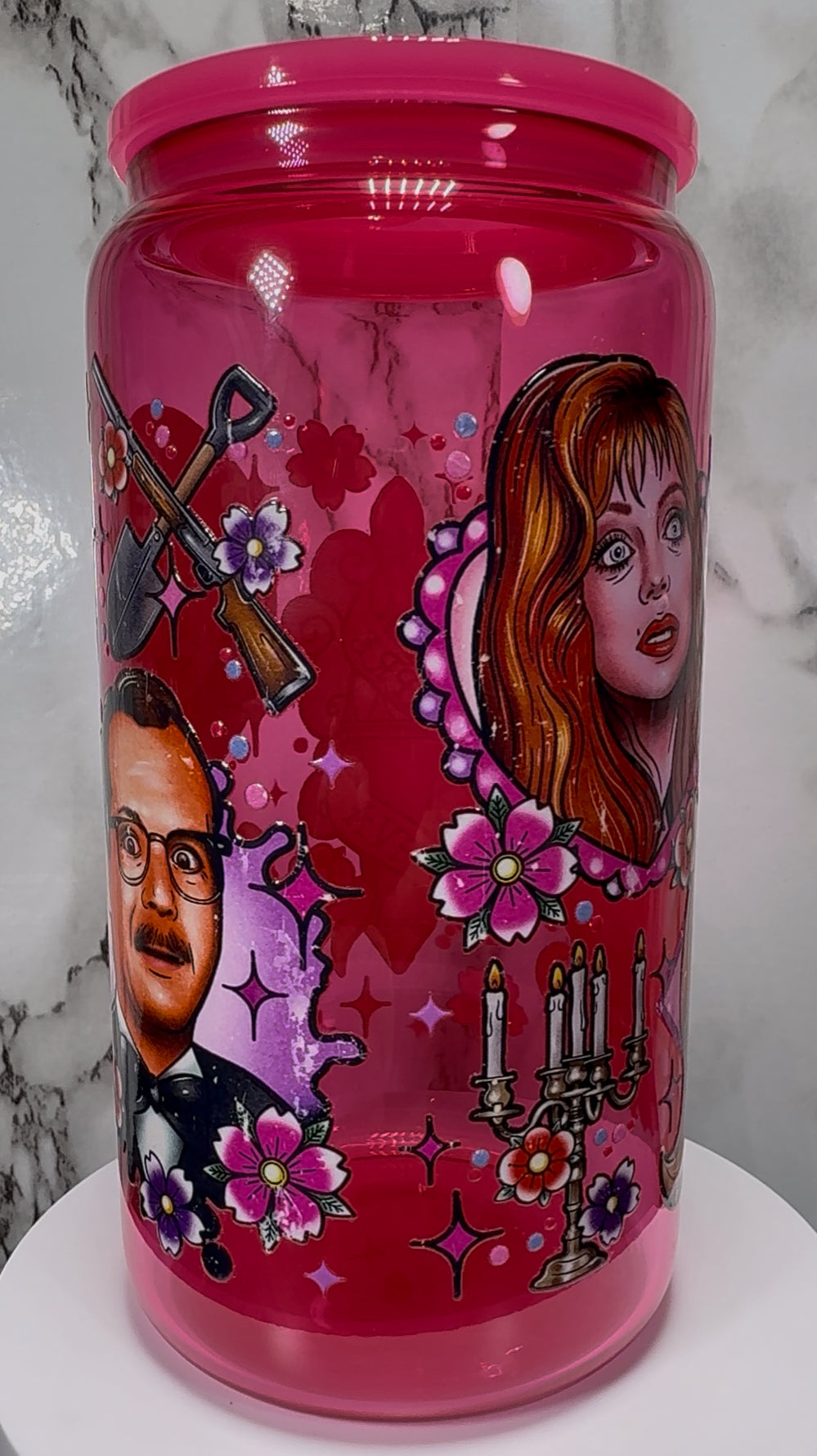 Death Becomes Her UVDTF on a hot pink beer can glass