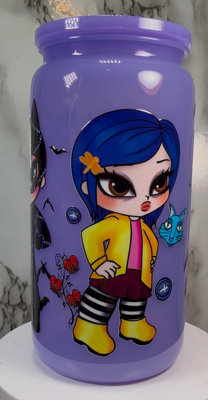 Horror Girls UVDTF on a PLASTIC purple beer can cup