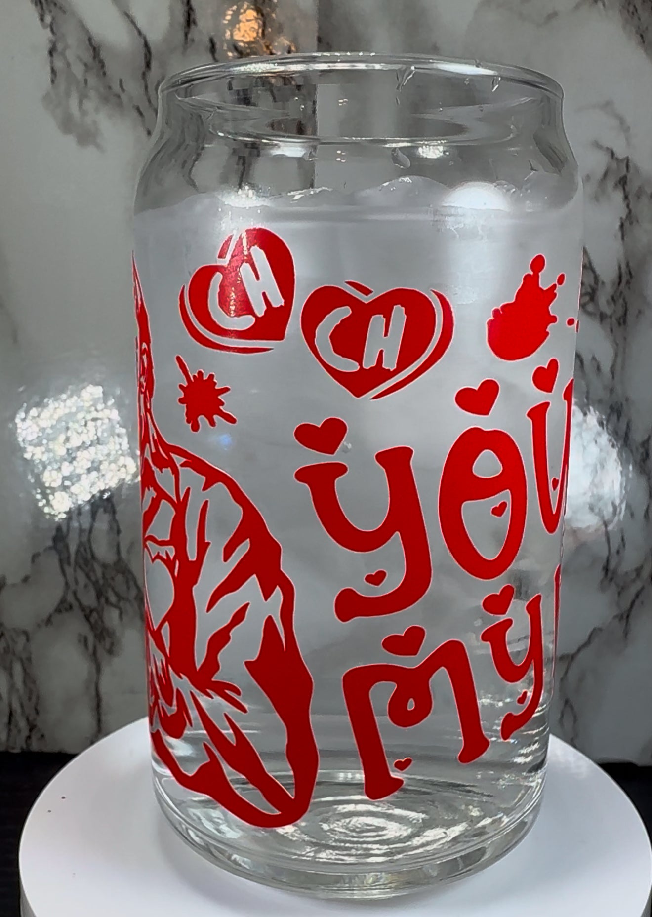 Valentine’s Day Friday the 13th Jason Voorhees color changing Red permanent vinyl on a libbey beer can glass.