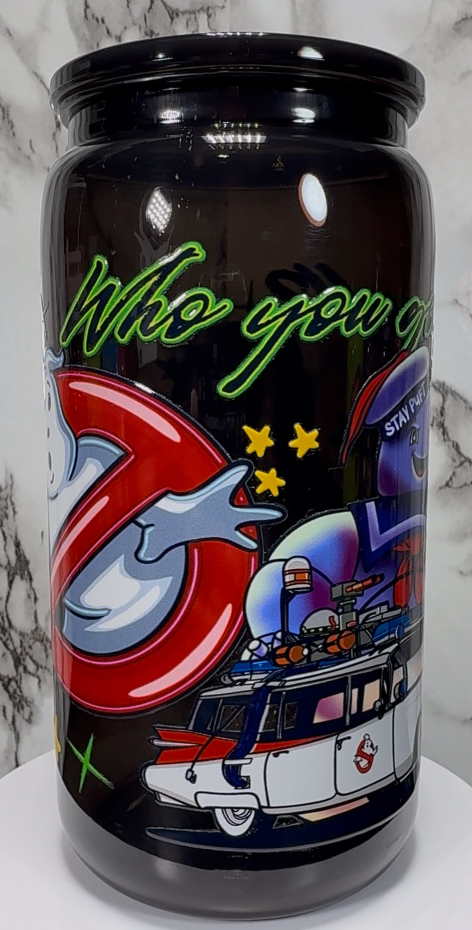 Ghostbusters No-Ghost, Slimer and Stay Puft Marshmallow Man UVDTF on a black PLASTIC beer can cup