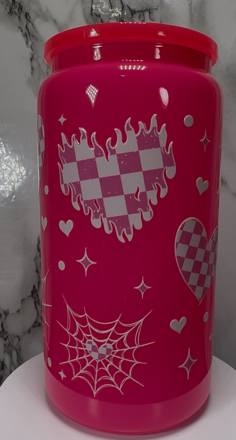 White & Pink Checkered Hearts UVDTF on a hot pink beer can glass