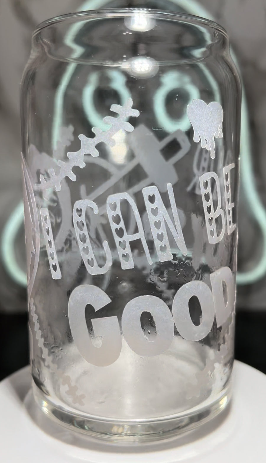 Valentine’s Day Chucky color changing permanent vinyl on a libbey beer can glass