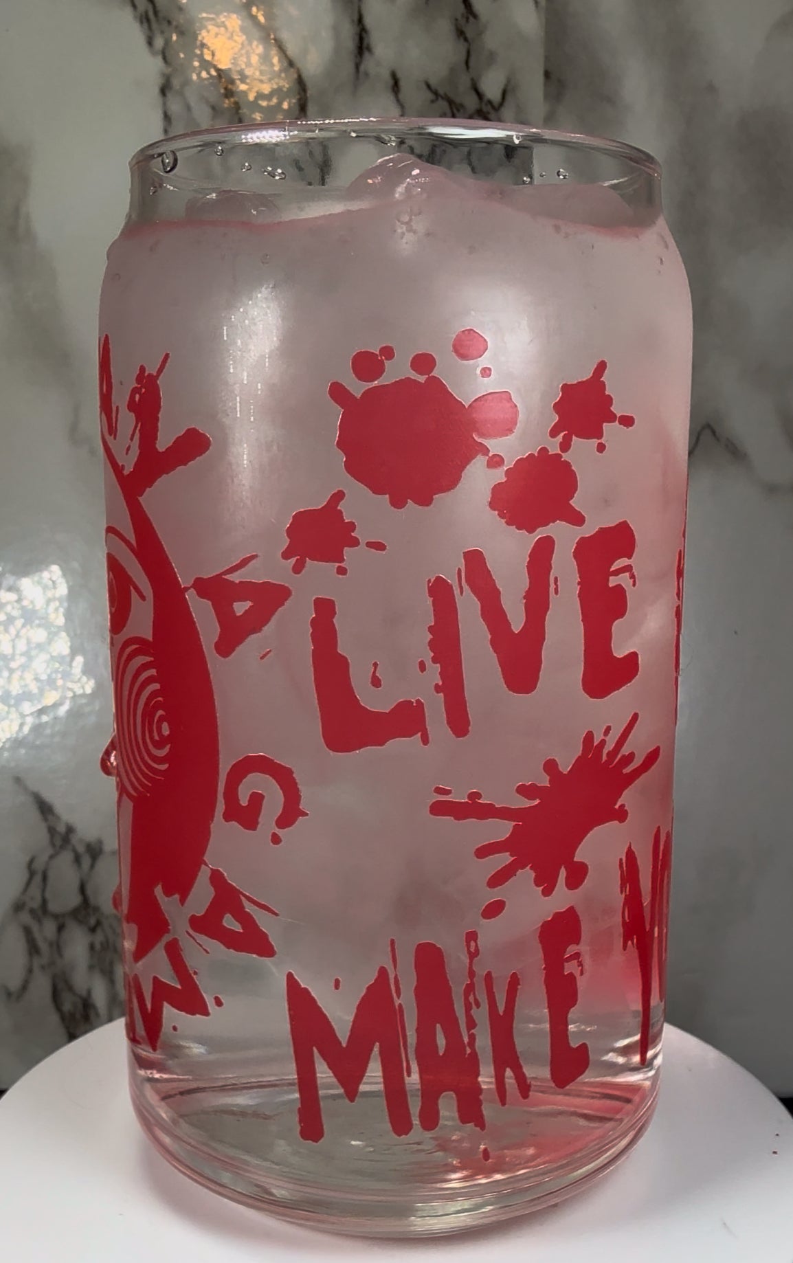 Jigsaw SAW Horror color changing red permanently vinyl on a libbey beer can glass.