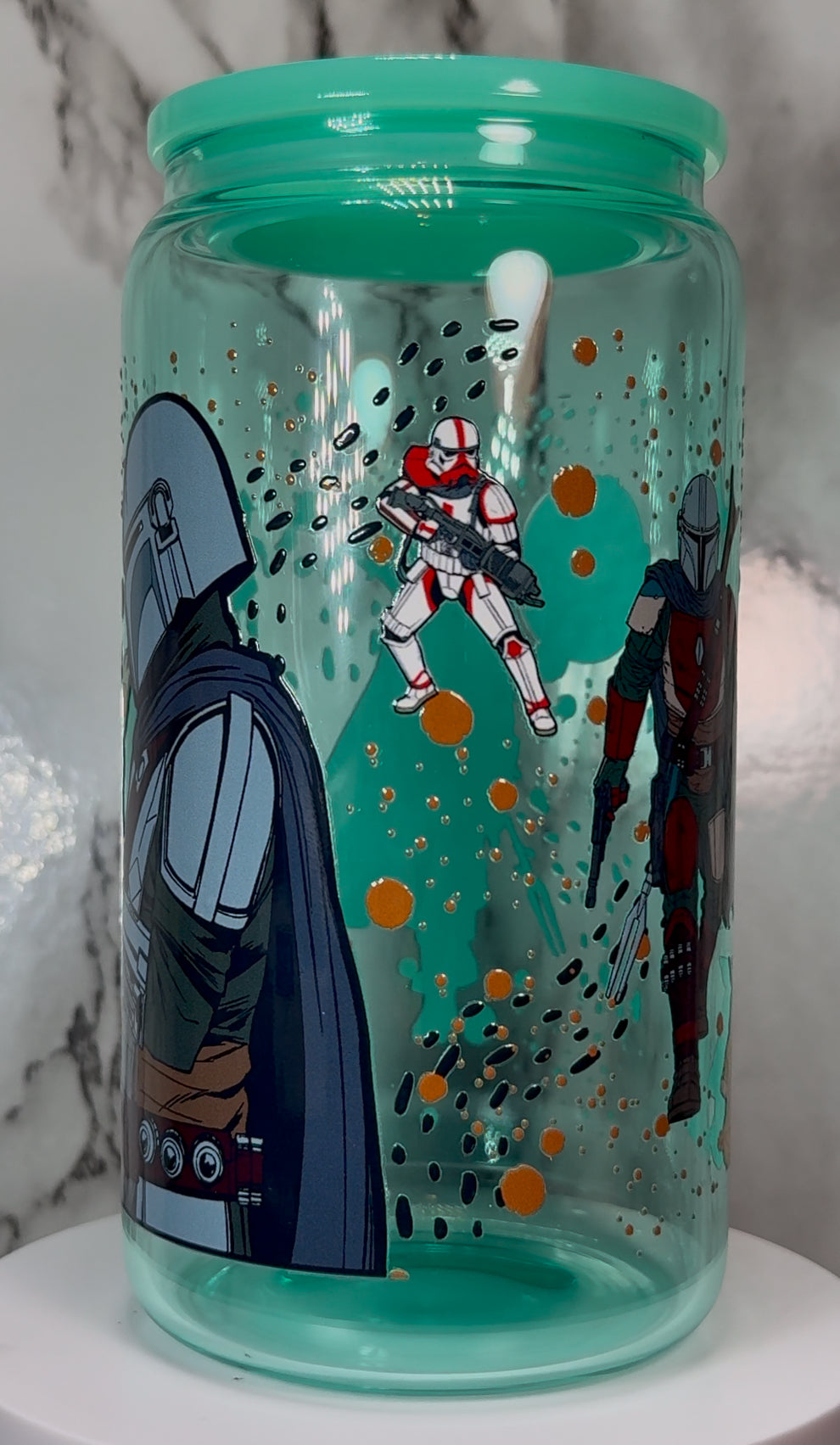 Mandalorian & Grogu Star Wars UVDTF on a teal beer can glass