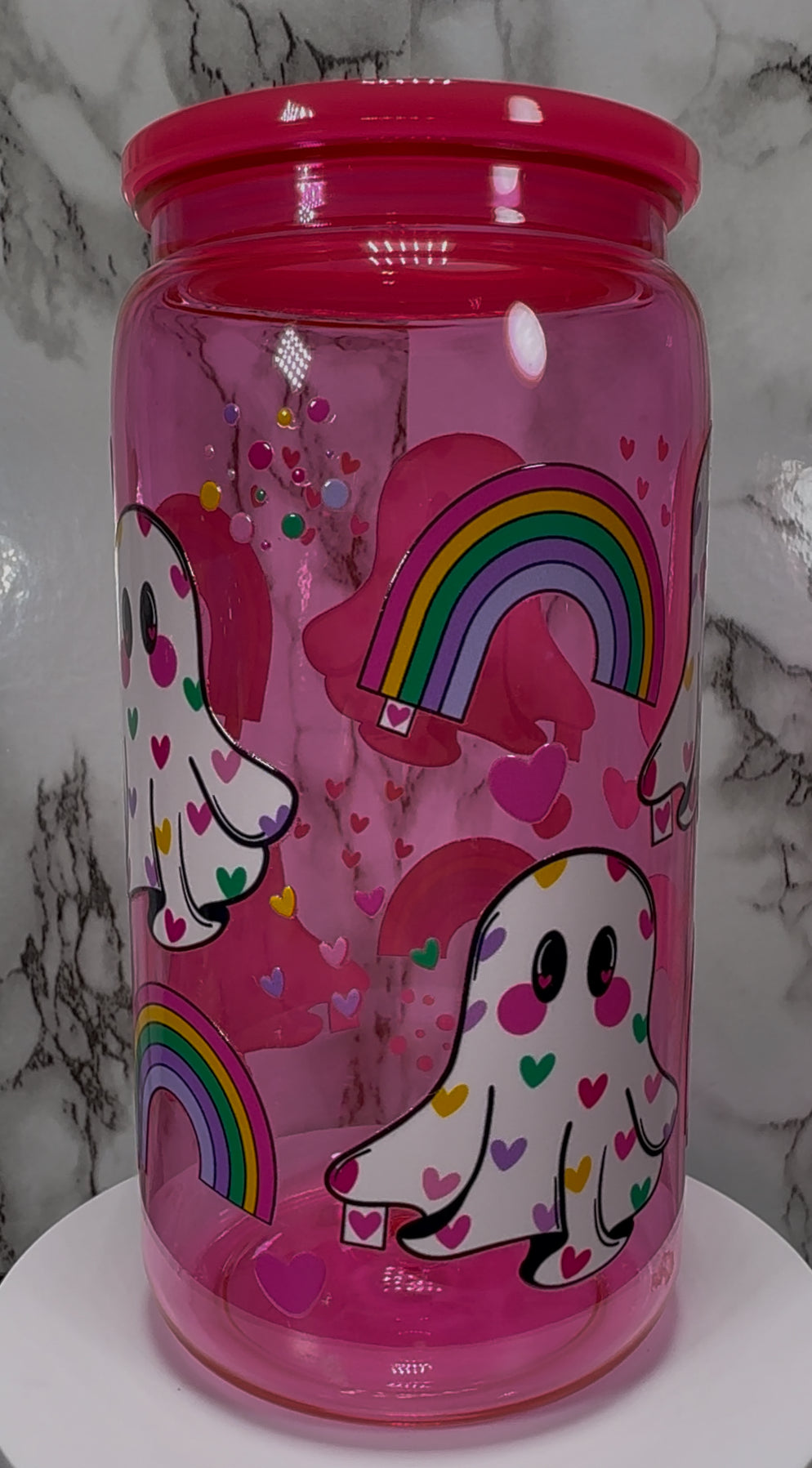 Rainbow Ghosts UVDTF on a hot pink PLASTIC beer can cup