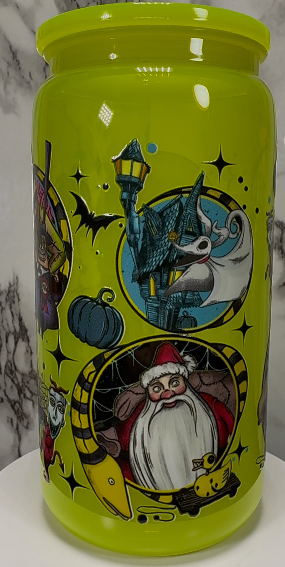 Nightmare Before Christmas UVDTF on a bright yellow PLASTIC beer can cup