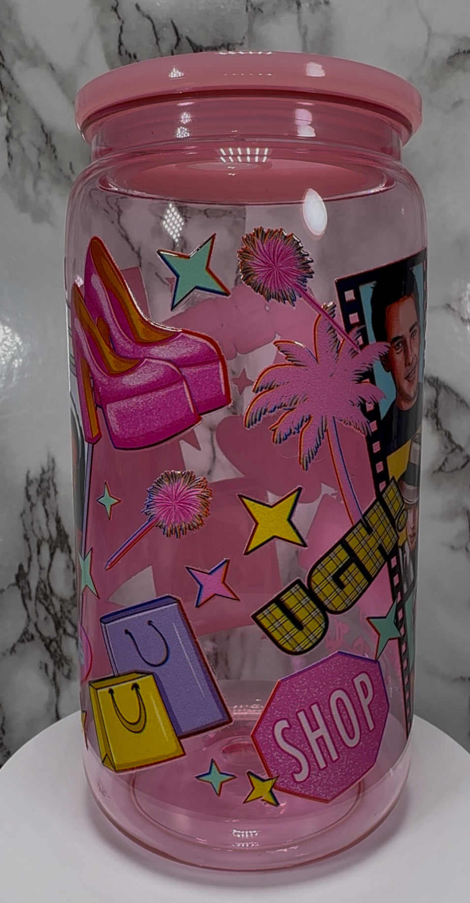 Clueless UVDTF on a pink PLASTIC beer can cup
