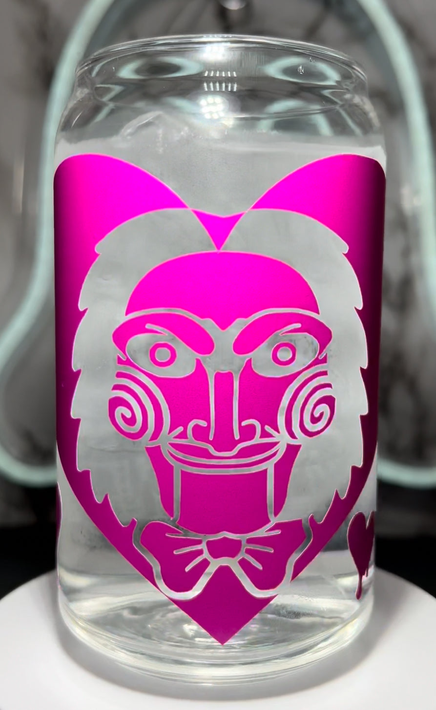 SAW Jigsaw Valentine’s Day color changing permanent vinyl on a libbey beer can glass