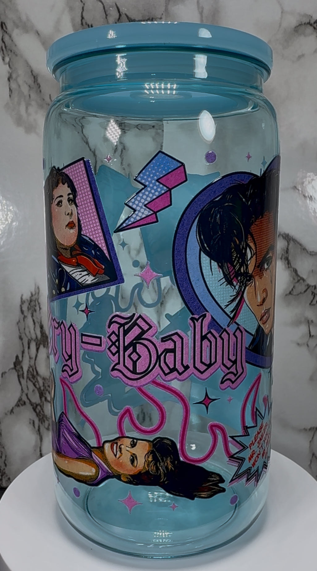 Cry-Baby UVDTF on a blue PLASTIC beer can cup