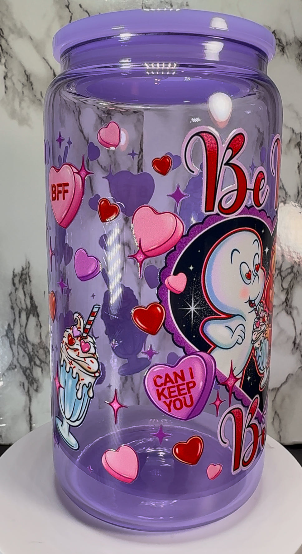 Can I Keep You Casper UVDTF on a purple beer can glass