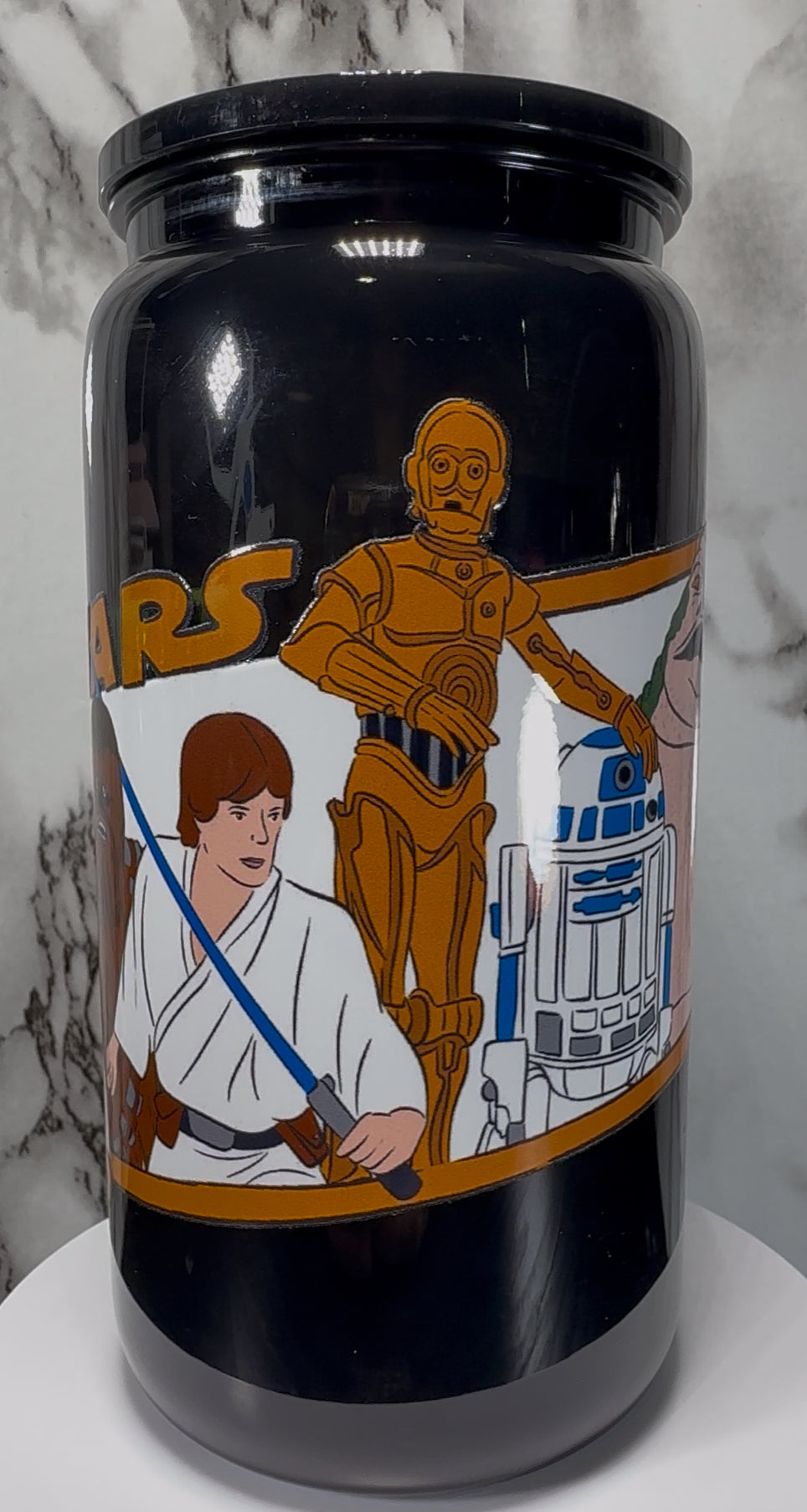 Star Wars UVDTF on a black PLASTIC beer can cup
