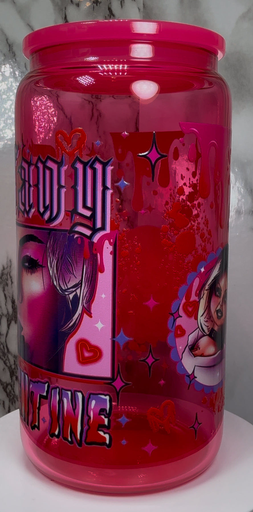 Tiffany Valentine UVDTF on a hot pink beer can glass