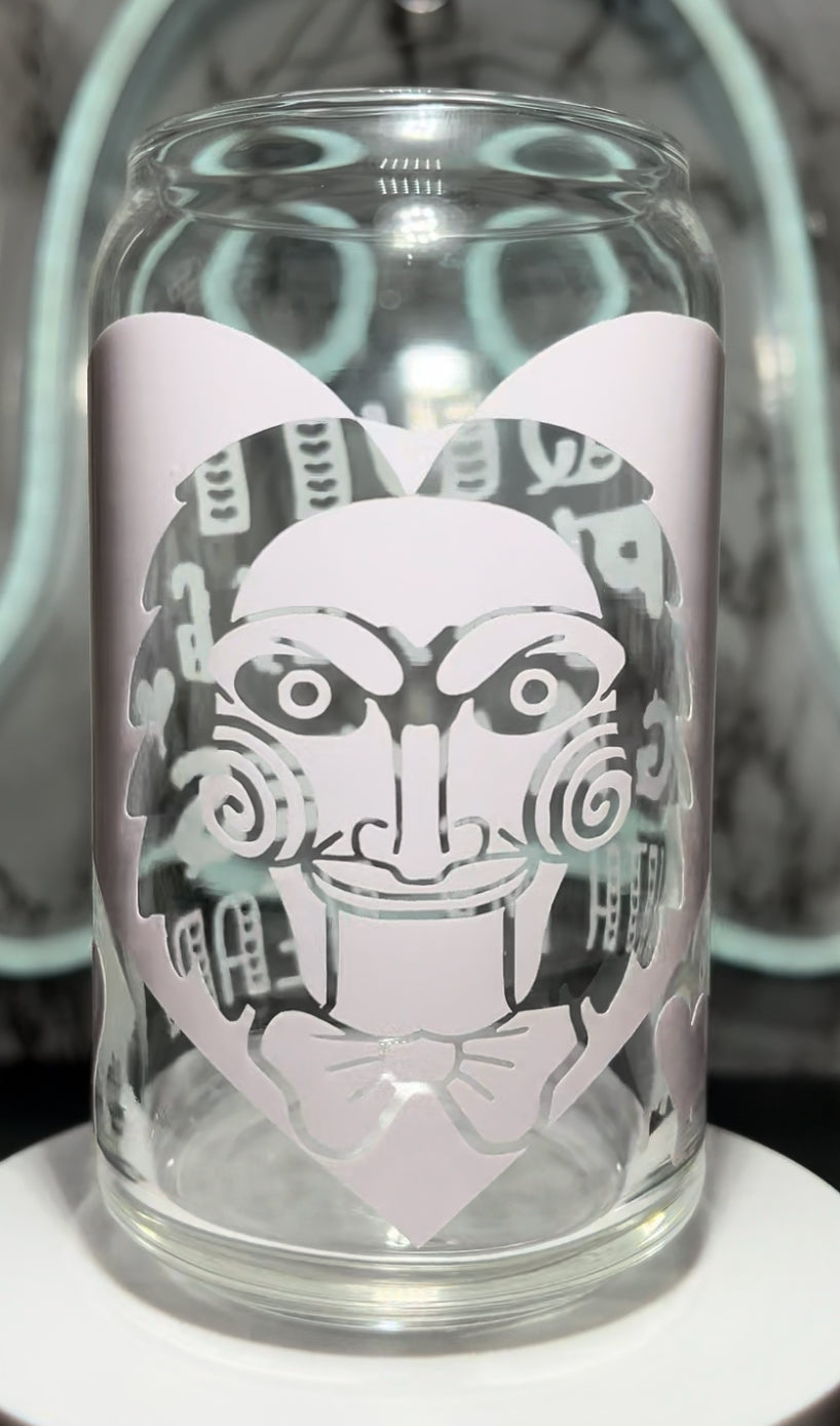 SAW Jigsaw Valentine’s Day color changing permanent vinyl on a libbey beer can glass