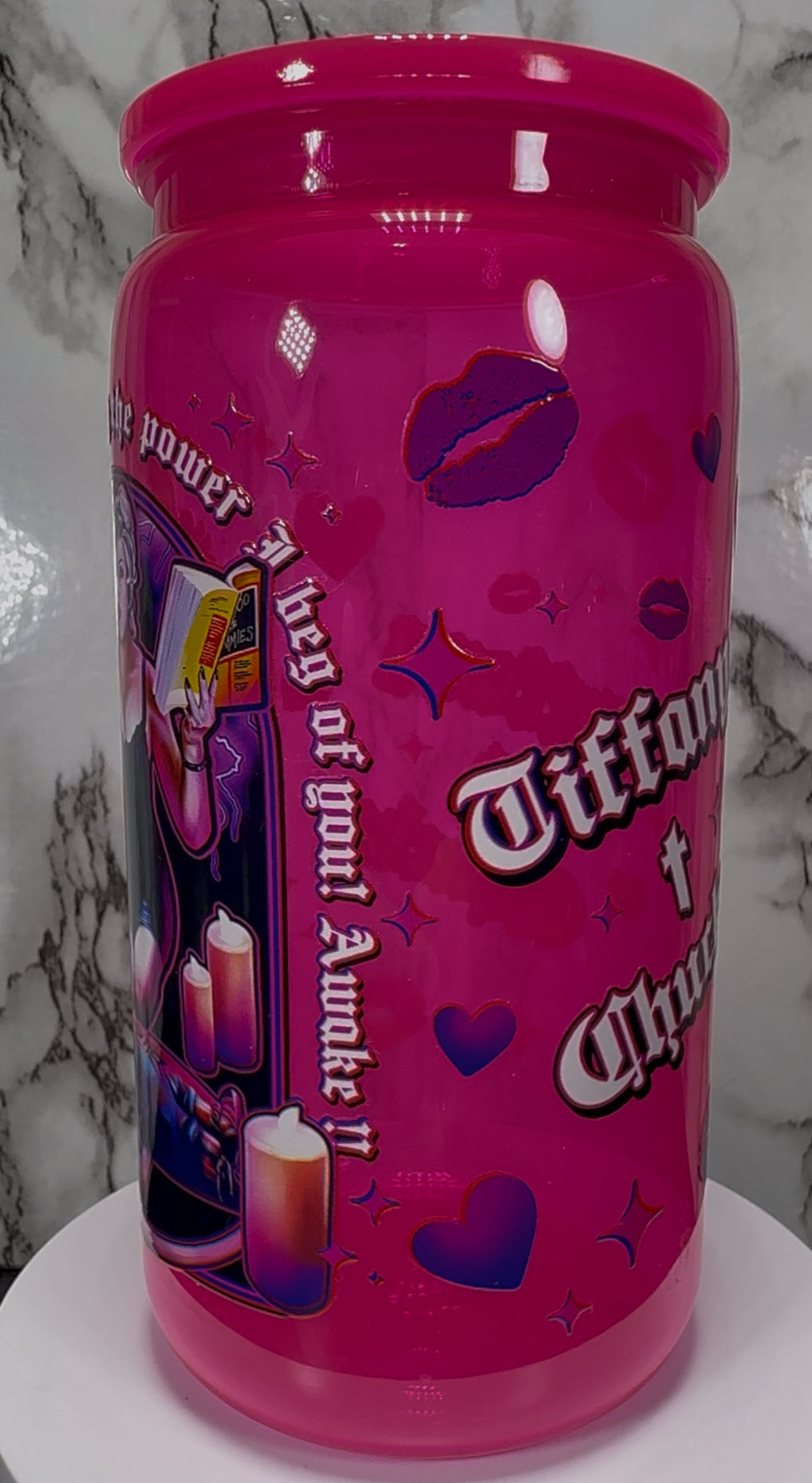 Tiffany Valentine UVDTF on a hot pink PLASTIC beer can cup