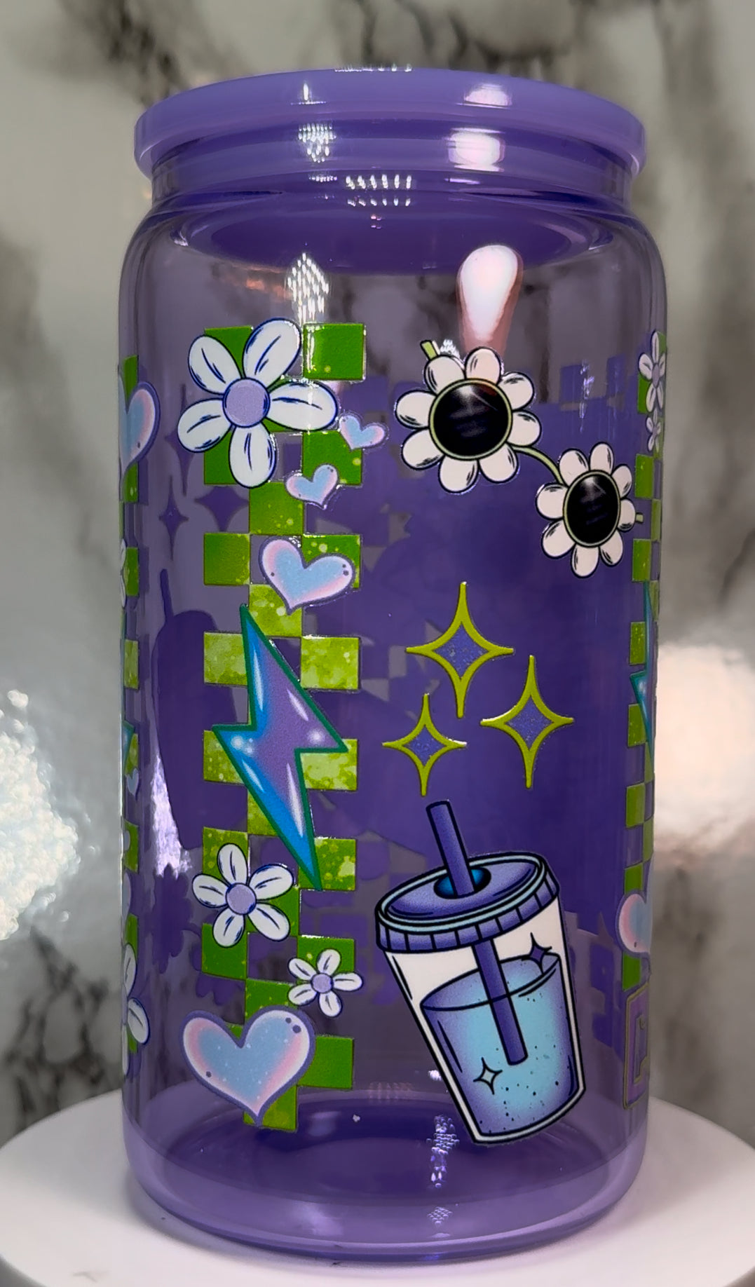 Cute & Feral Raccoon UVDTF on a purple beer can glass