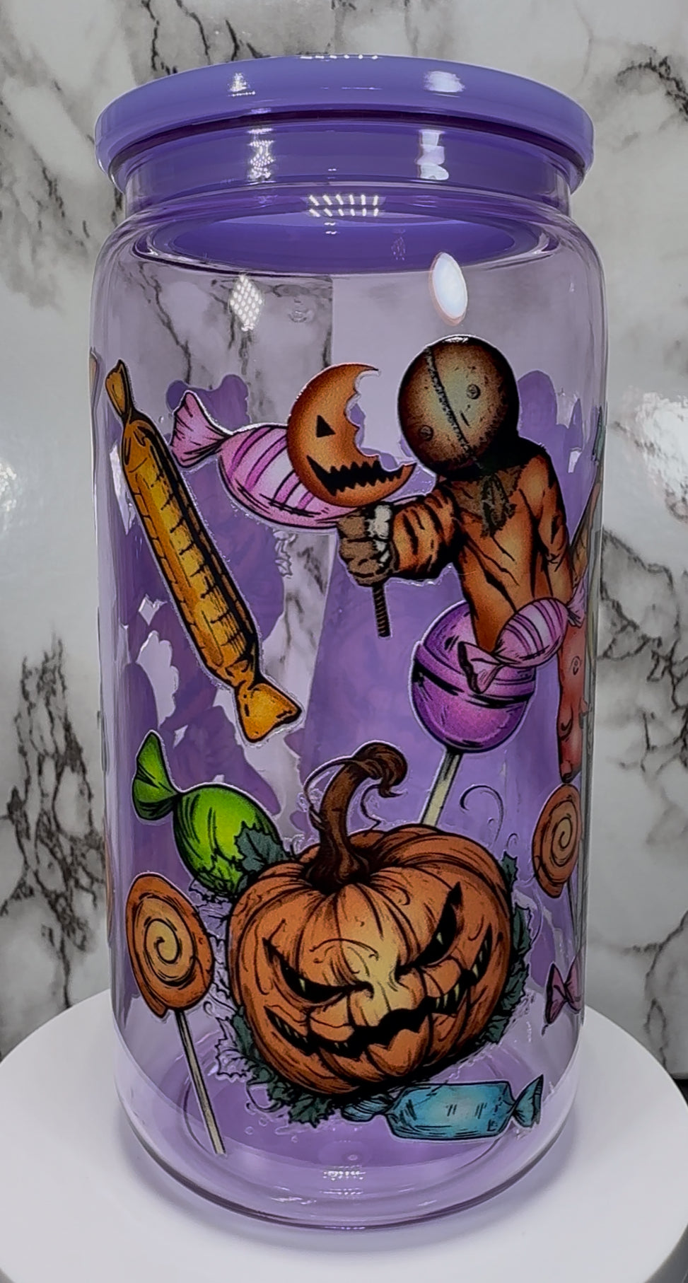 Sam Trick R Treat UVDTF on a purple PLASTIC beer can cup