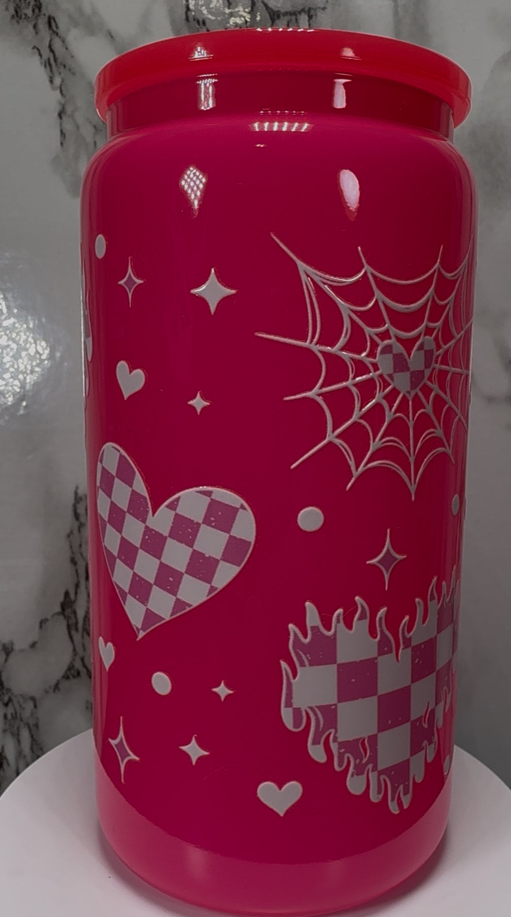 White & Pink Checkered Hearts UVDTF on a hot pink beer can glass