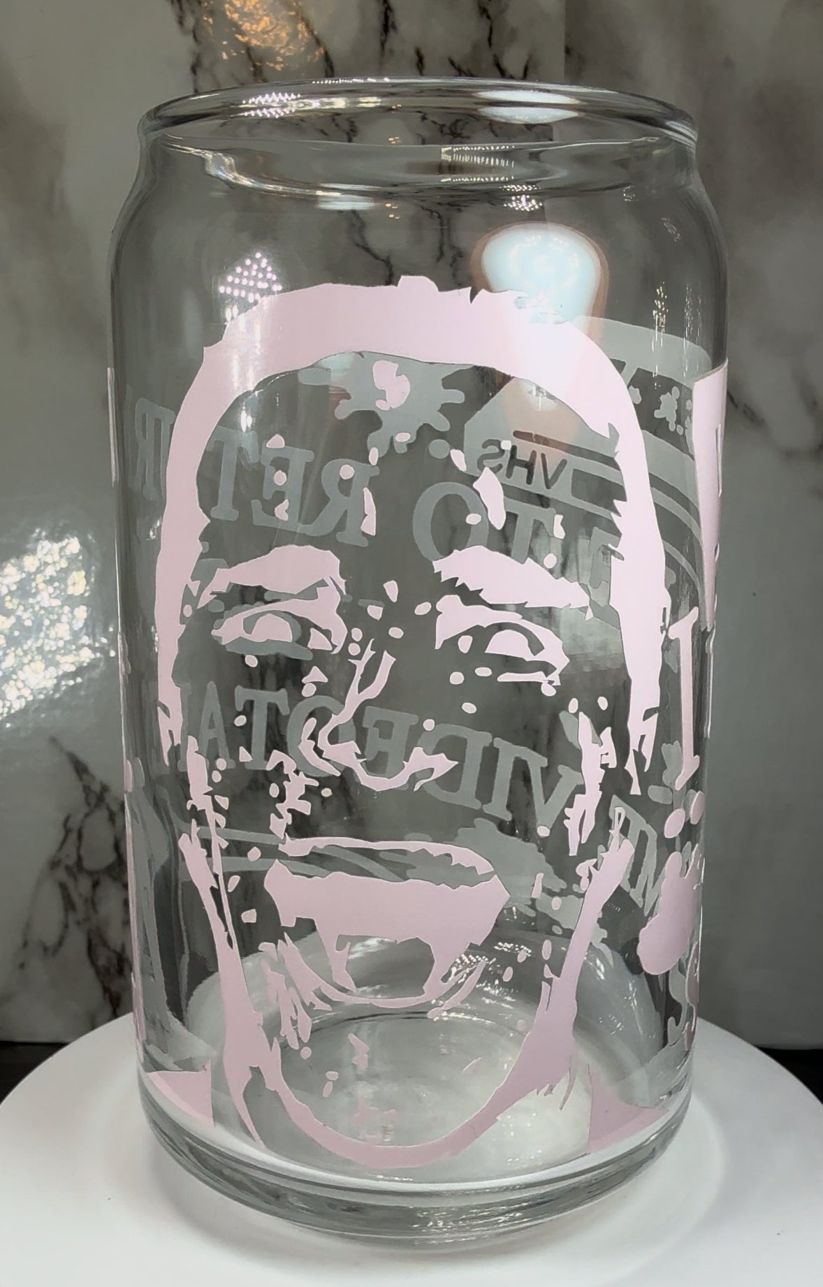 American Psycho color changing red permanent vinyl on libbey beer can glass