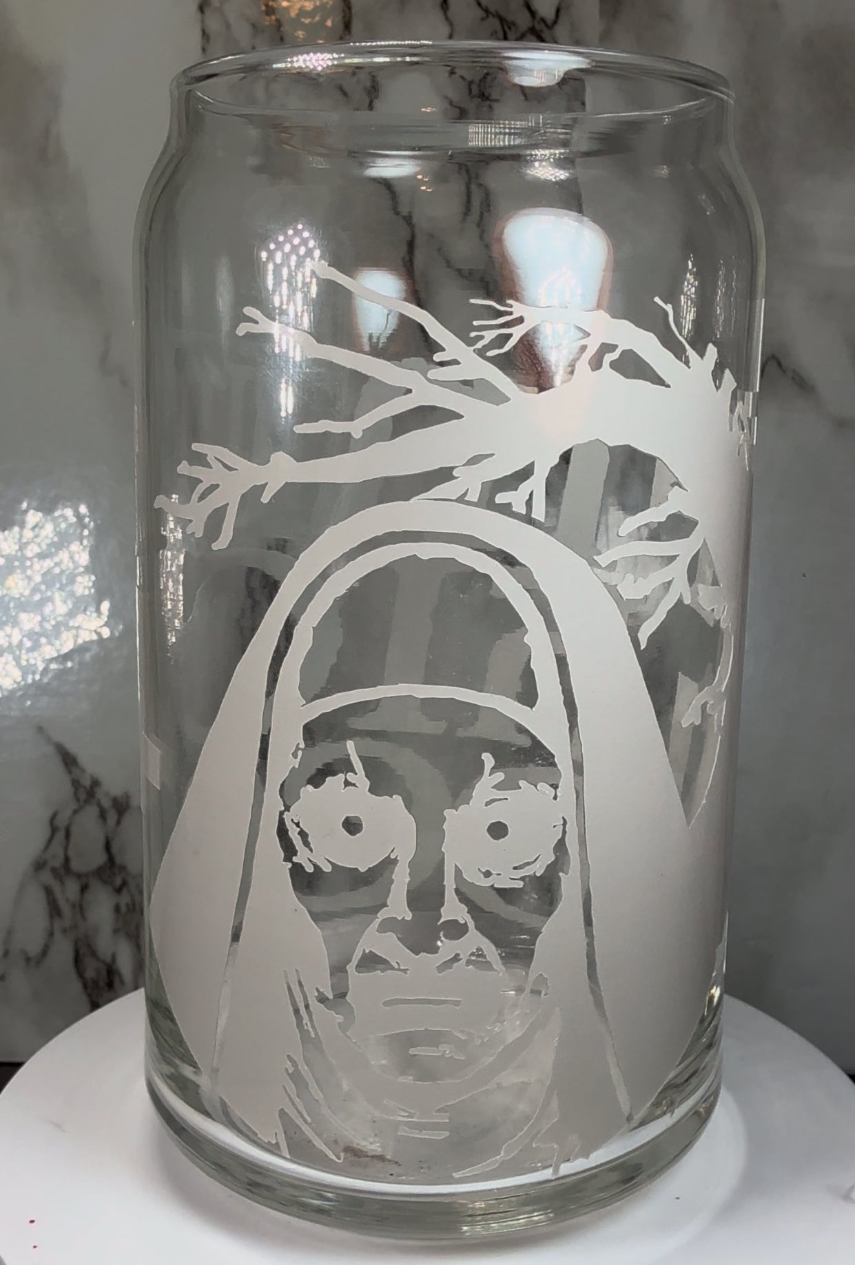 Valak The Nun color changing black permanent vinyl on a libbey beer can glass