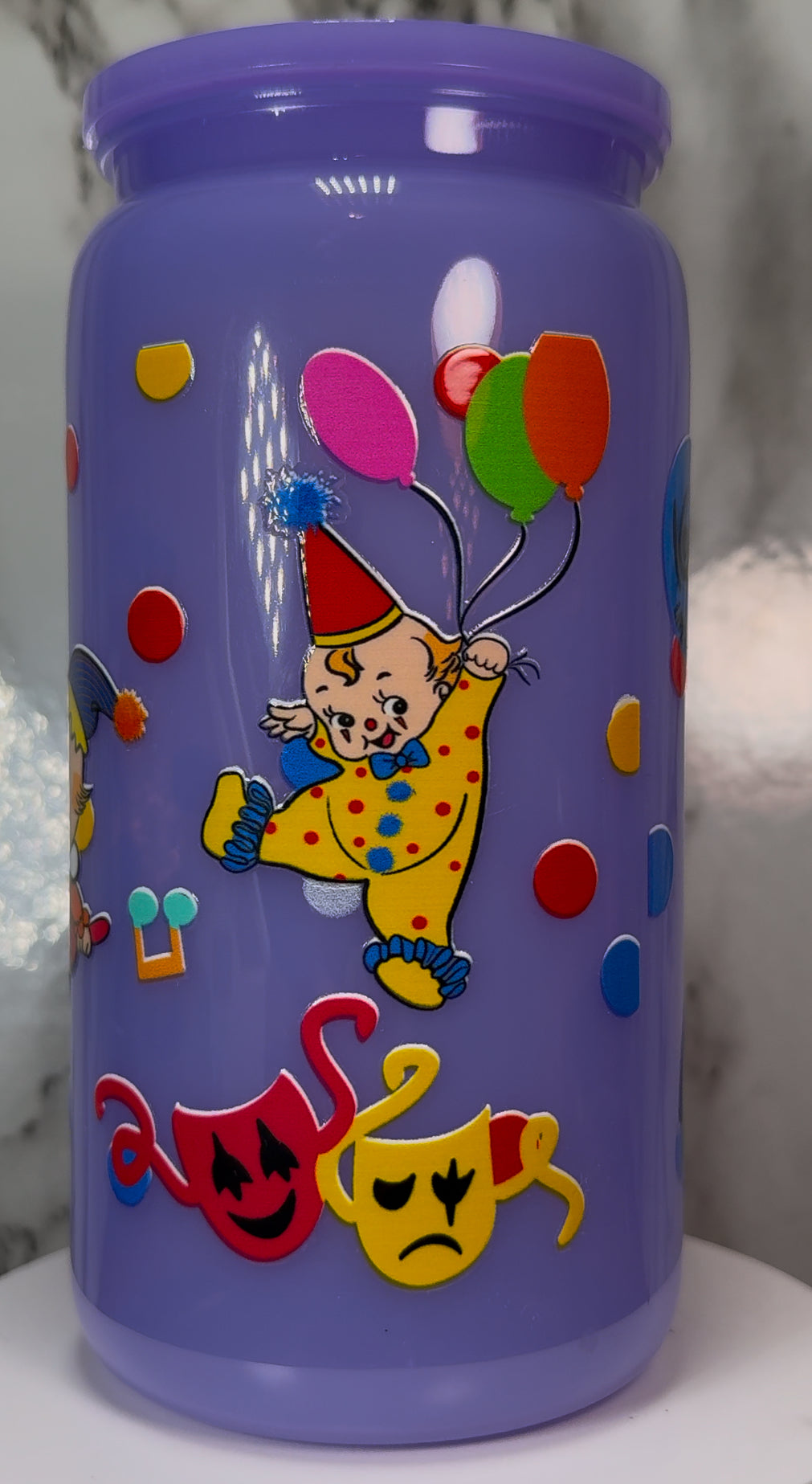 Classic Vintage Circus Clowns UVDTF on a plastic purple cup