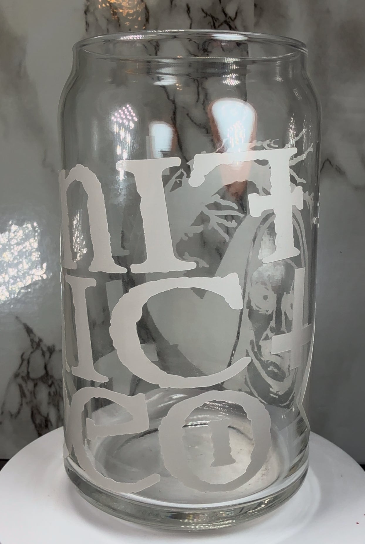 Valak The Nun color changing black permanent vinyl on a libbey beer can glass