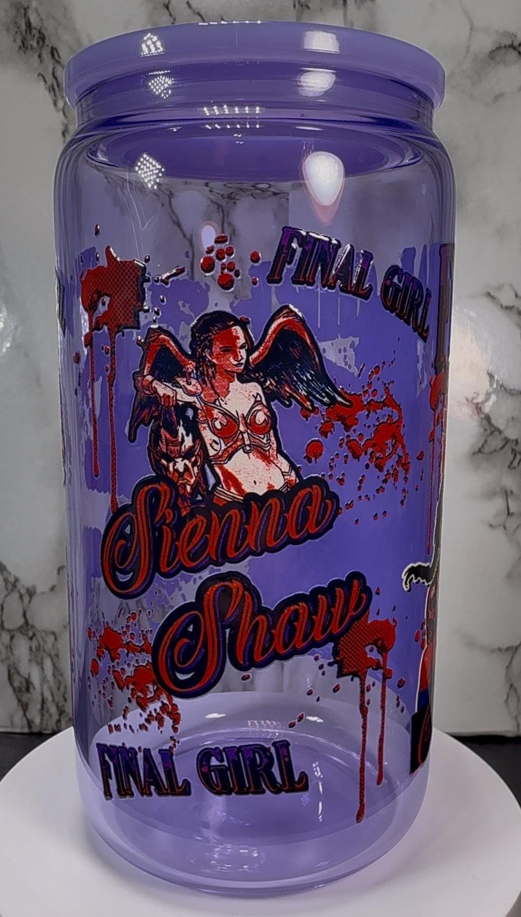 Final Girl Sienna Shaw Terrifier UVDTF on a purple beer can glass