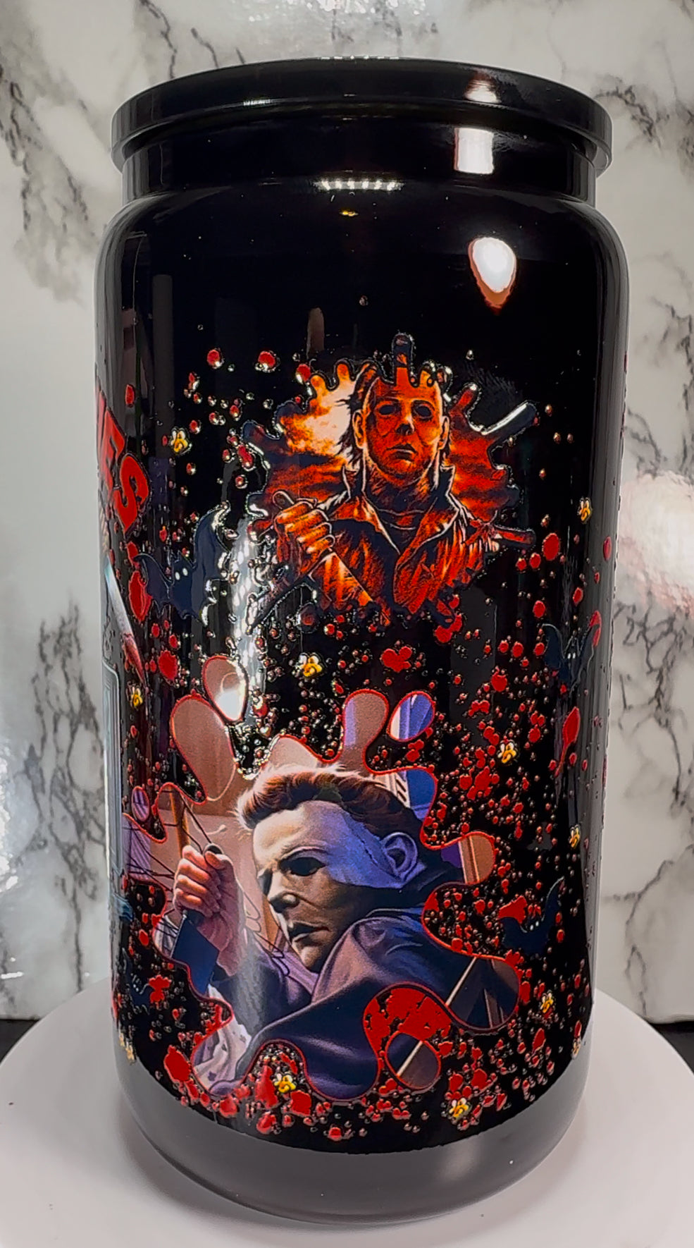 Michael Myers Horror Movies and chill UVDTF on a black beer can glass