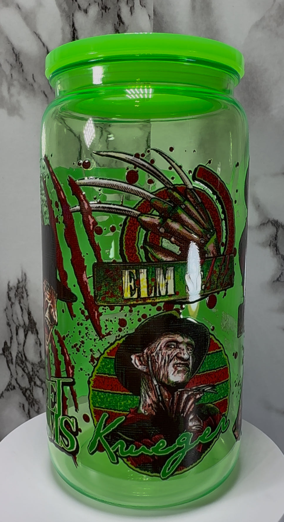 Nightmare on Elm Street Freddy Krueger UVDTF on a bright green PLASTIC beer can cup