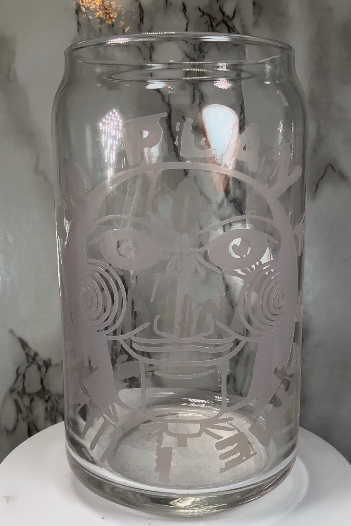 Jigsaw SAW Horror color changing red permanently vinyl on a libbey beer can glass.