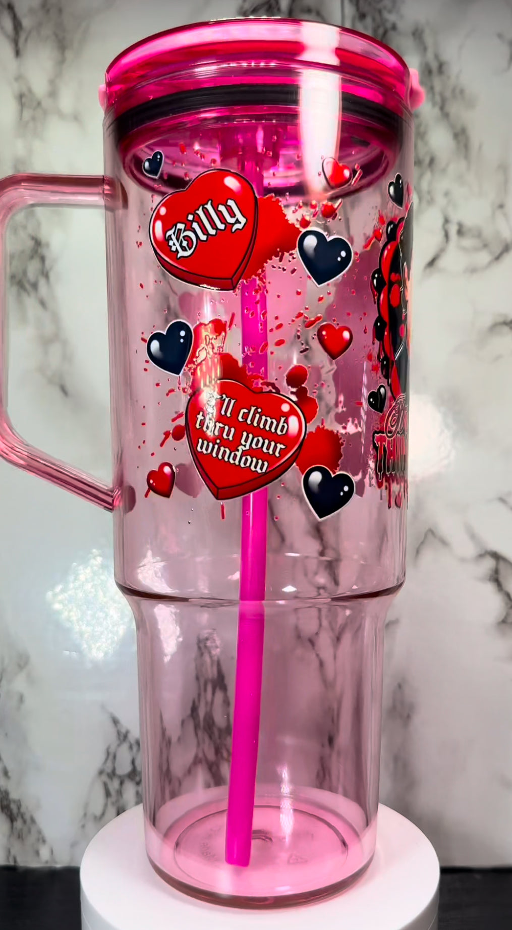 Valentine’s Day Billy Loomis UVDTF on a 40oz pink acrylic tumbler