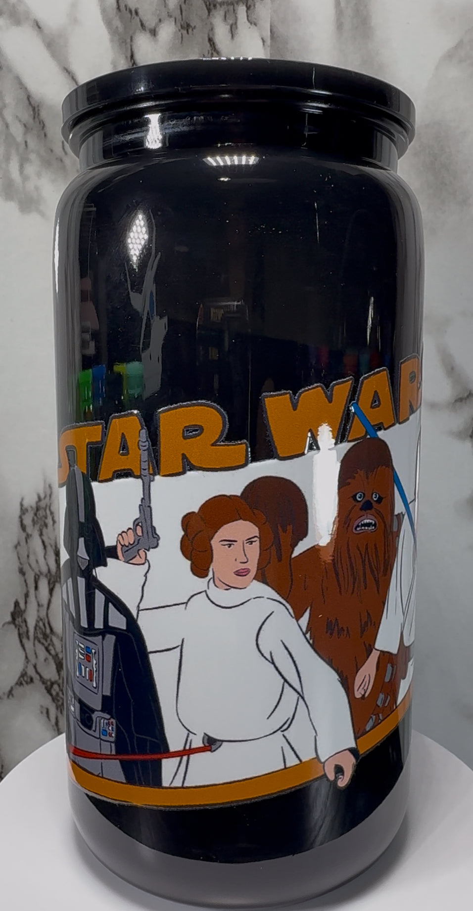 Star Wars UVDTF on a black PLASTIC beer can cup