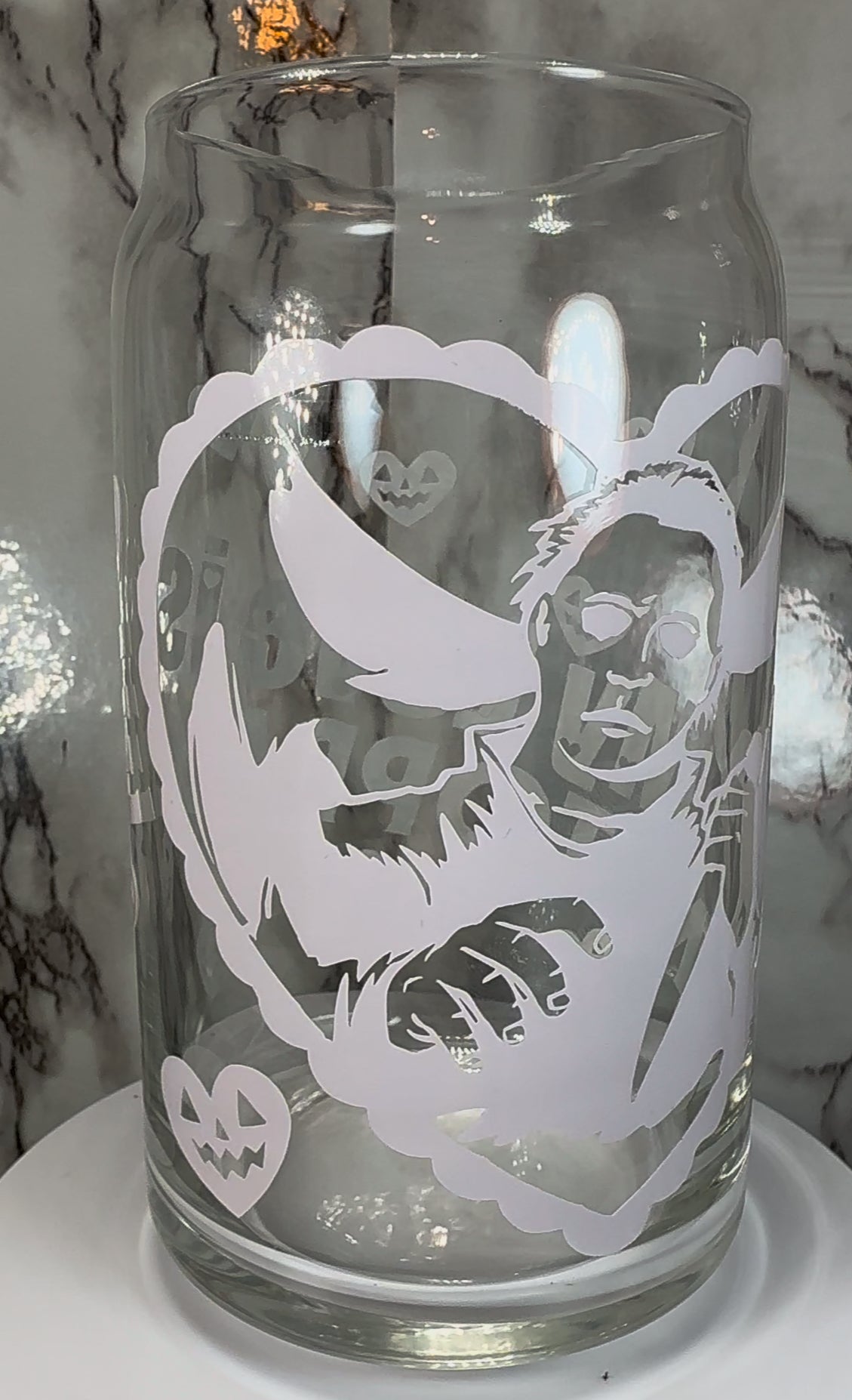 Valentine’s Day Michael Myers Halloween color changing permanent vinyl on a libbey beer can glass