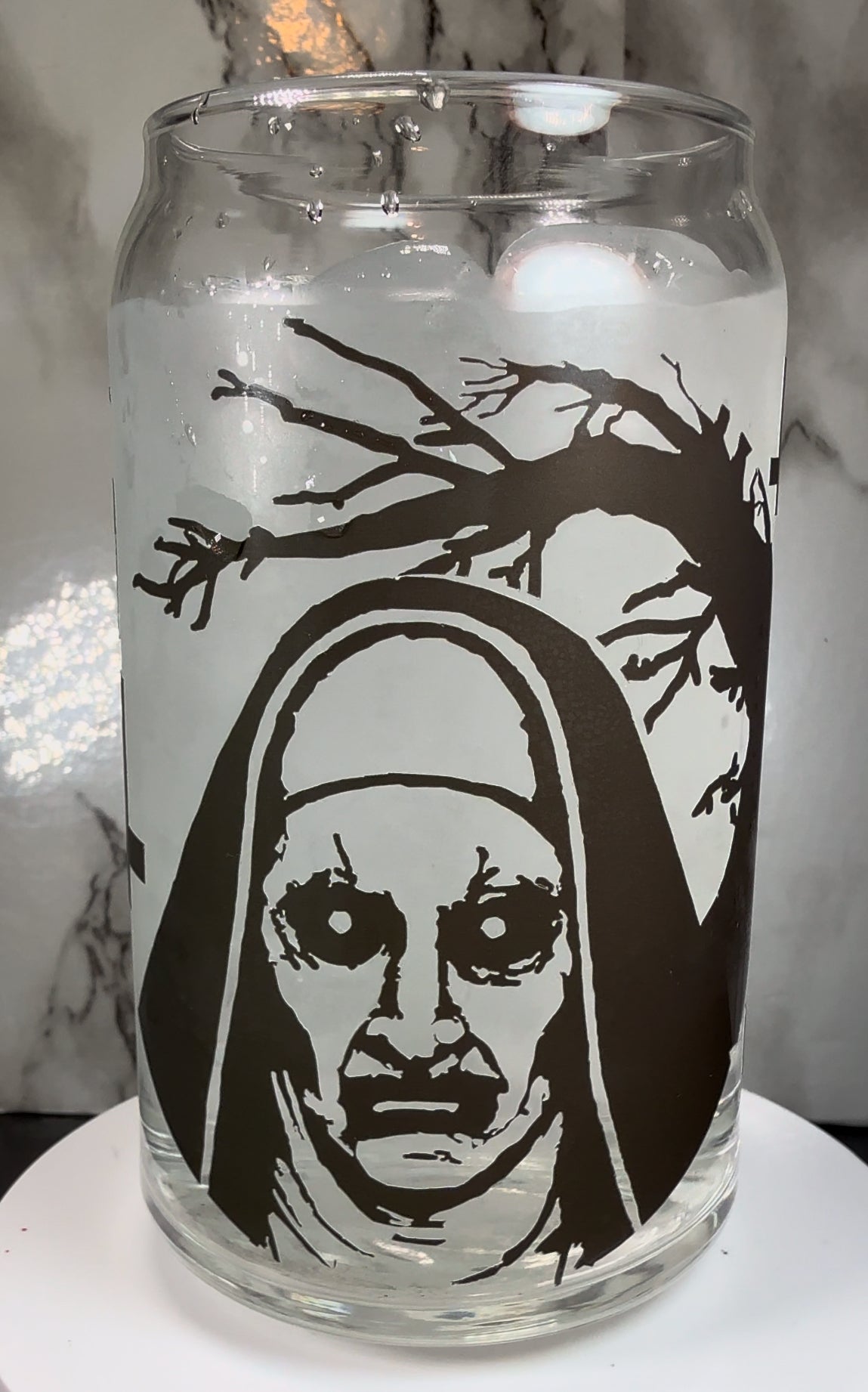 Valak The Nun color changing black permanent vinyl on a libbey beer can glass