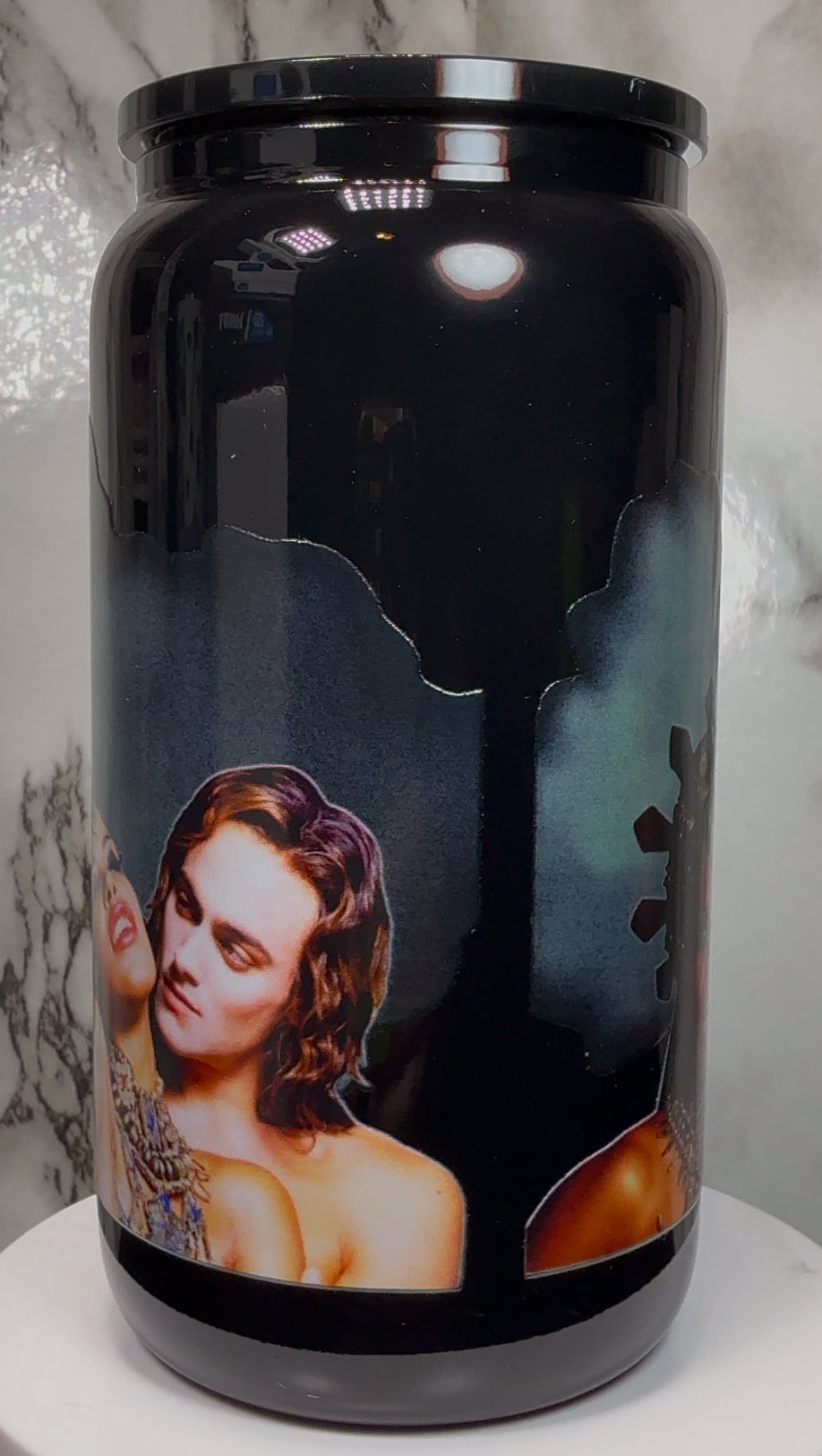 Queen of the Damned UVDTF on a black beer can glass