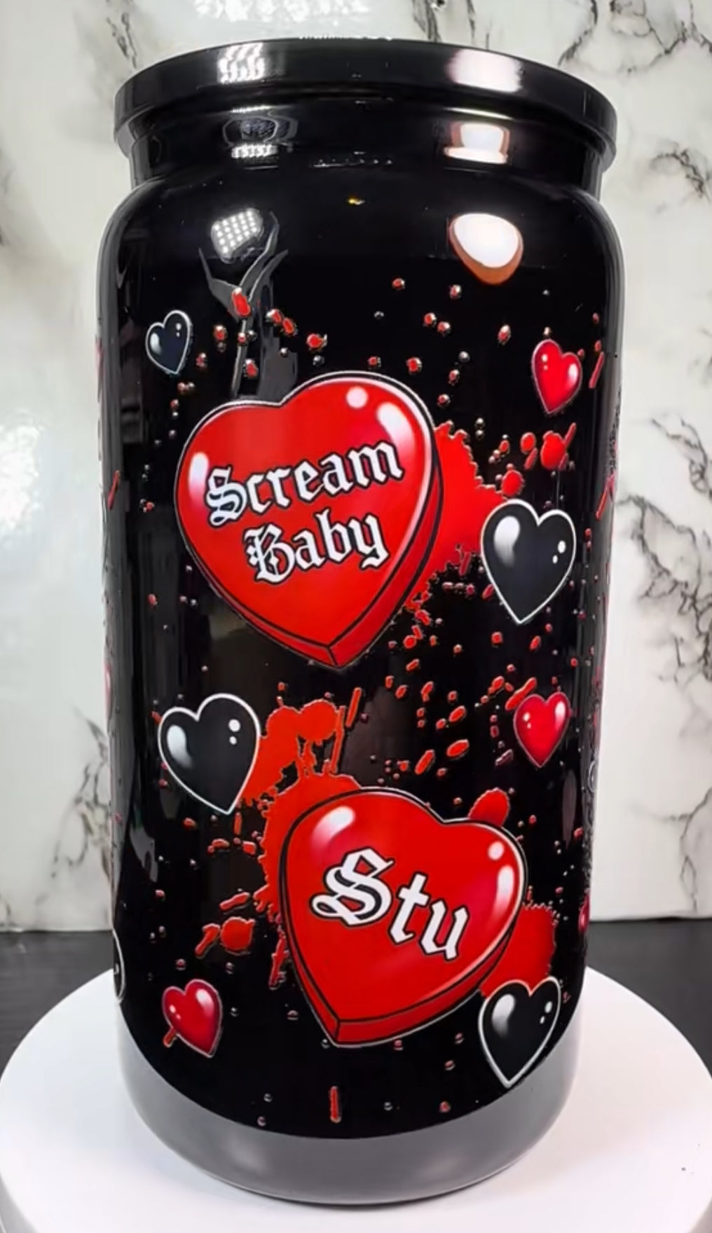 Valentine’s Day Stu Macher UVDTF on a black beer can glass