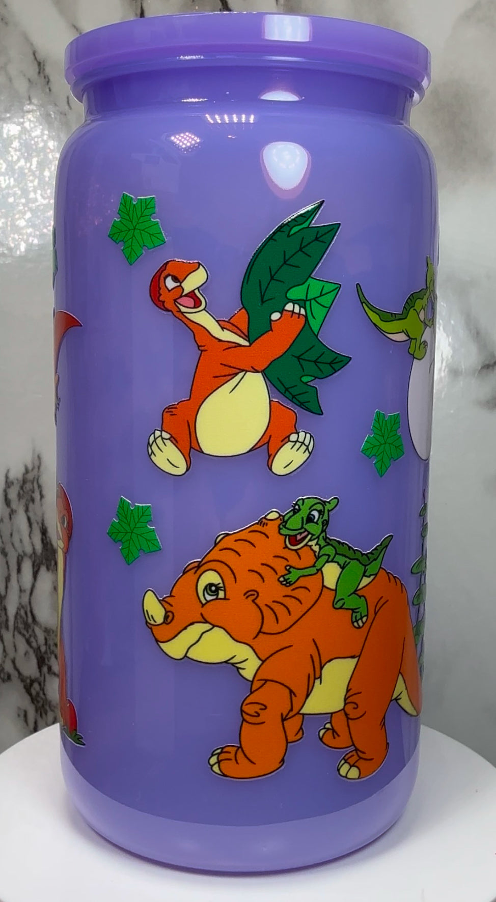 Land Before Time UVDTF on a PLASTIC purple beer can cup