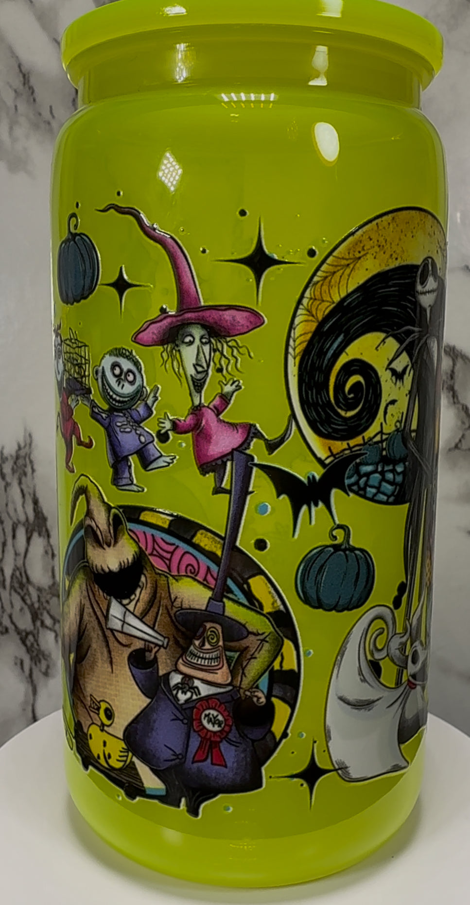 Nightmare Before Christmas UVDTF on a bright yellow PLASTIC beer can cup