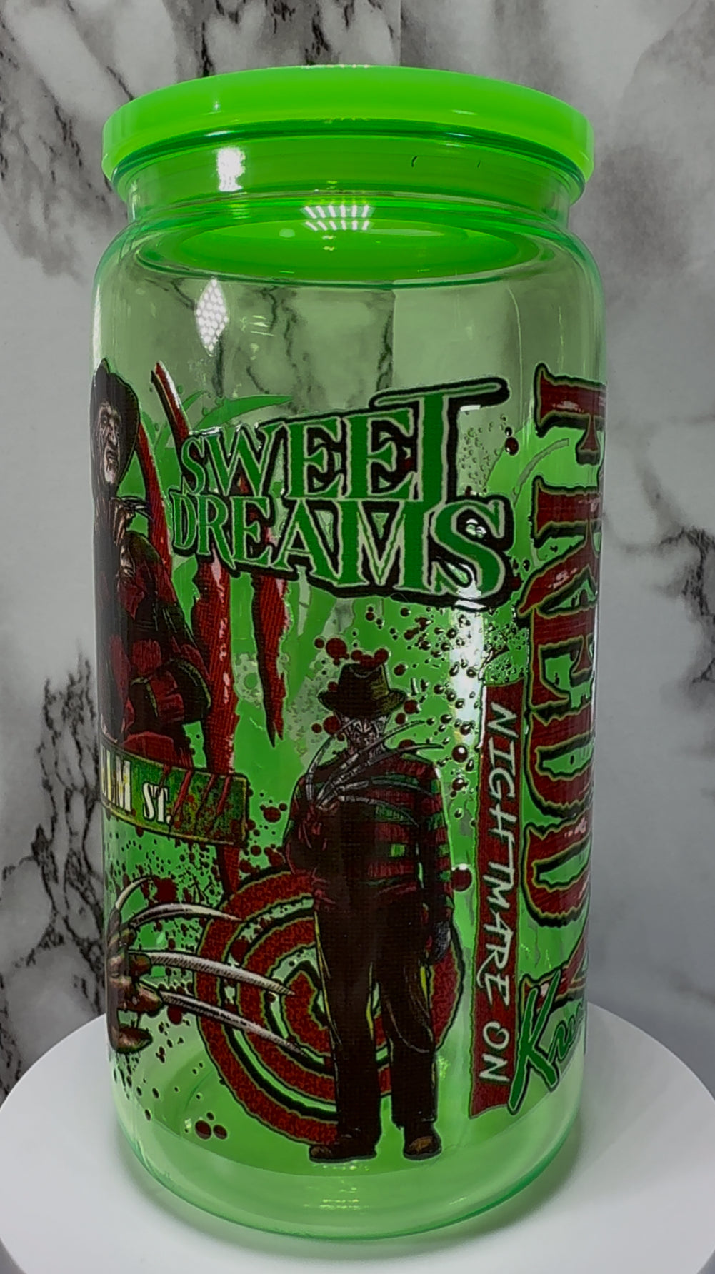 Nightmare on Elm Street Freddy Krueger UVDTF on a bright green PLASTIC beer can cup