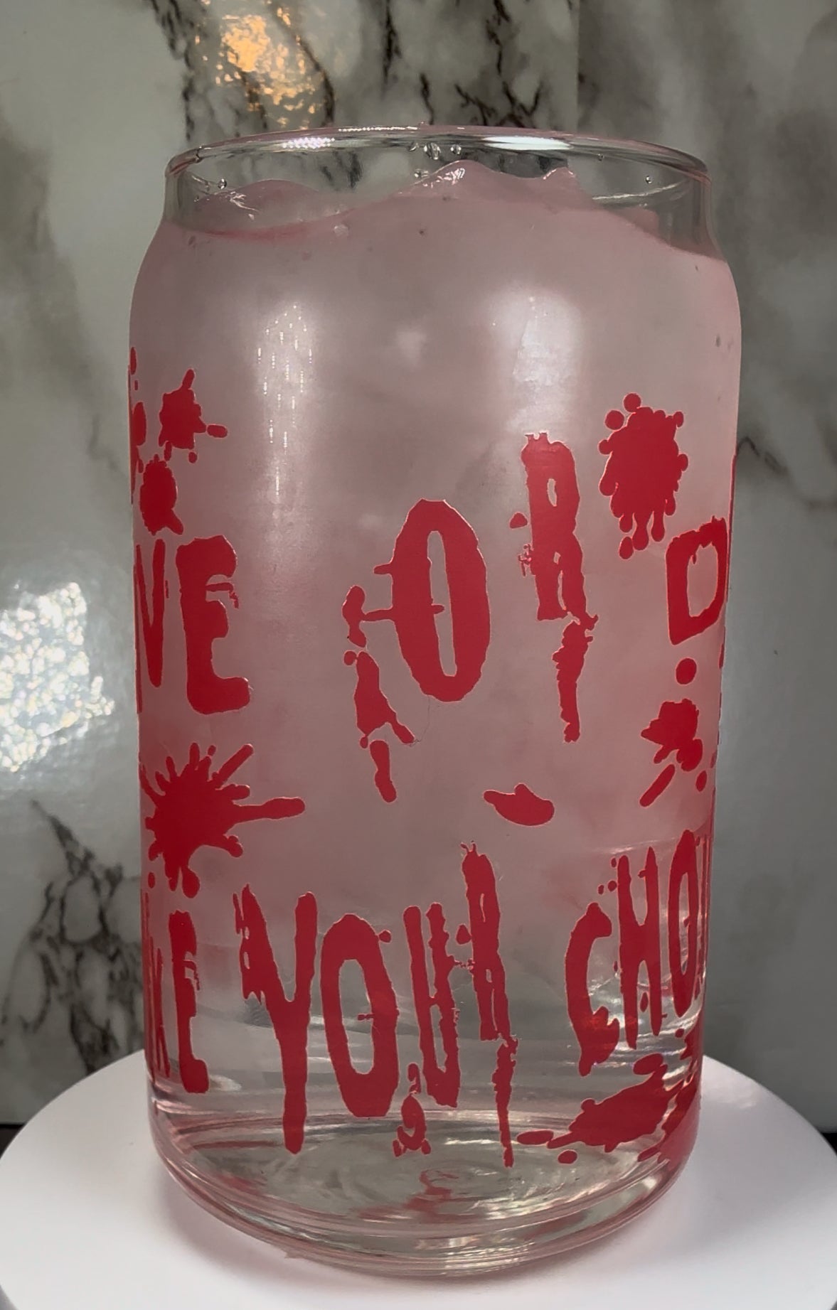 Jigsaw SAW Horror color changing red permanently vinyl on a libbey beer can glass.