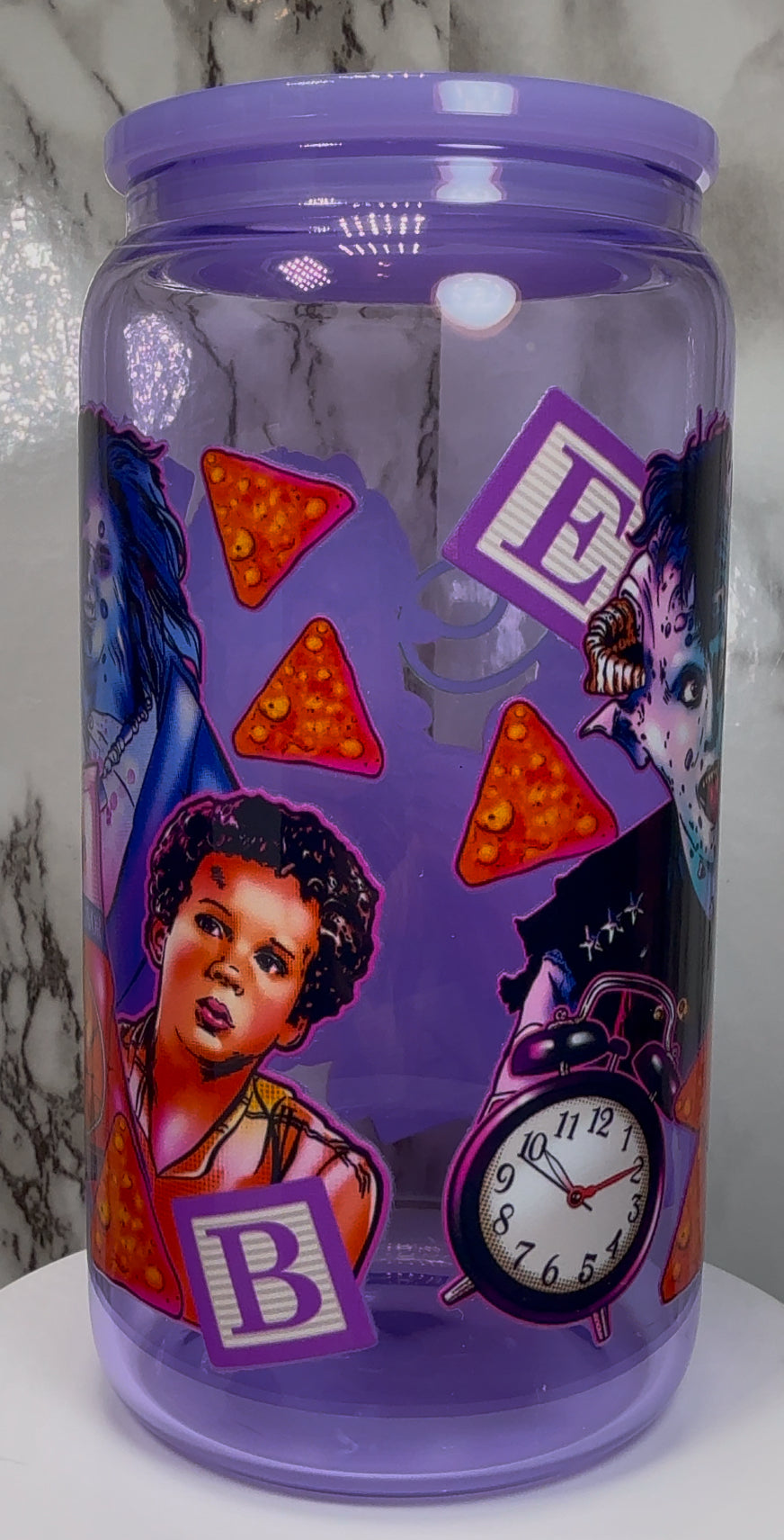 Little Monsters UVDTF on a purple beer can glass