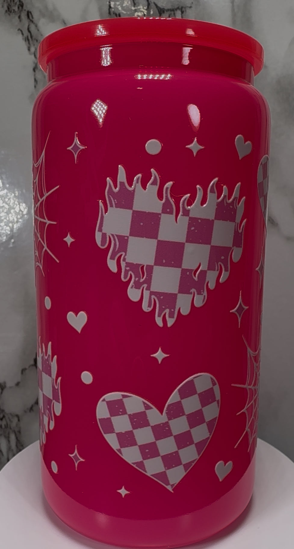 White & Pink Checkered Hearts UVDTF on a hot pink beer can glass