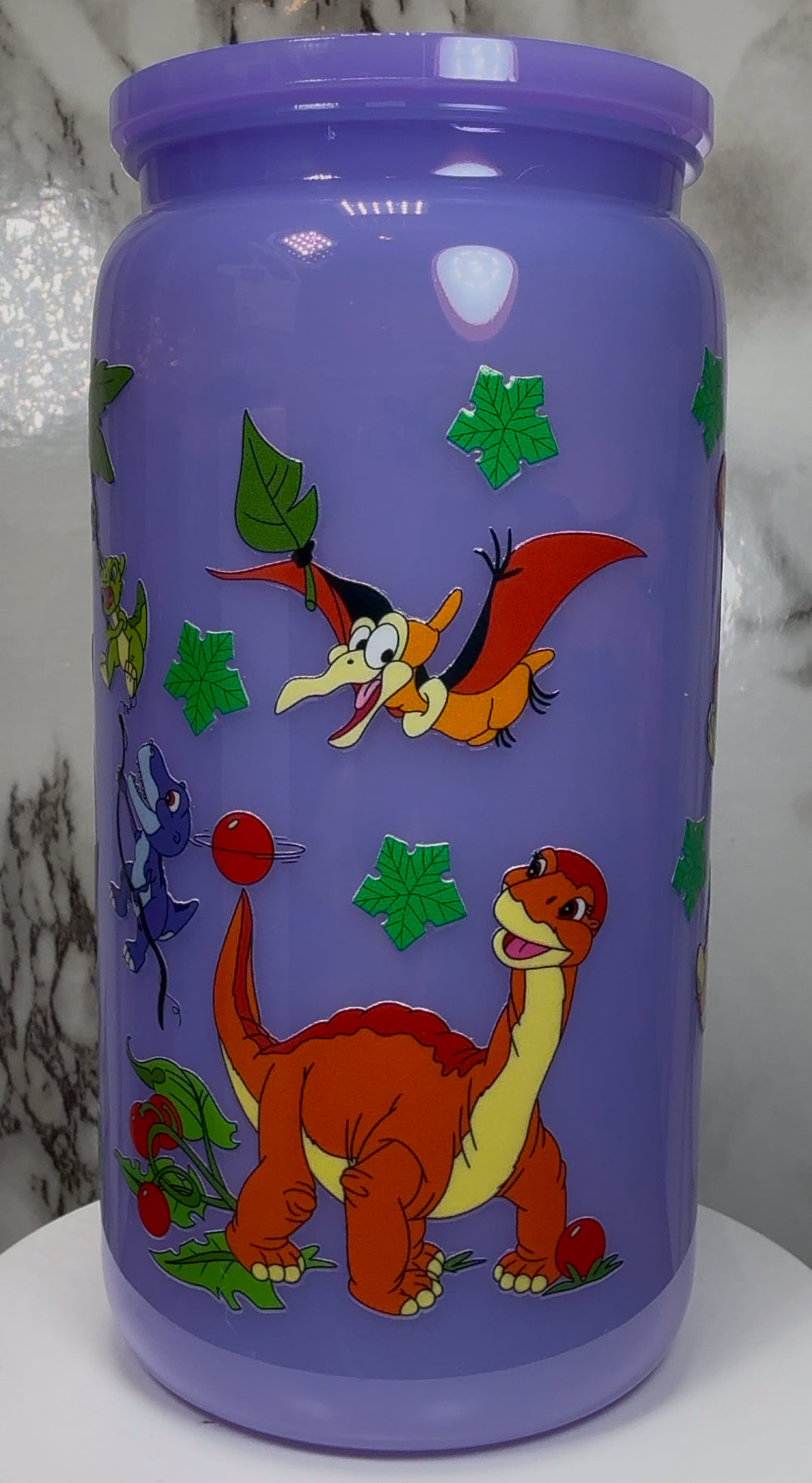 Land Before Time UVDTF on a PLASTIC purple beer can cup