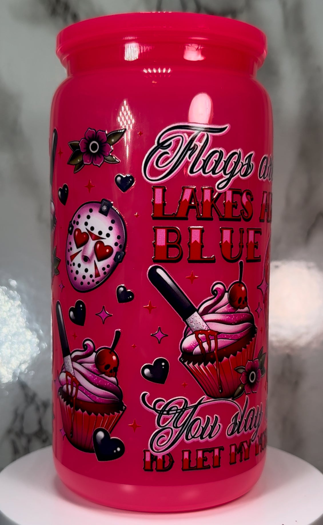 Valentine’s Day Friday the 13th Jason Voorhees UVDTF on a hot pink plastic beer can cup