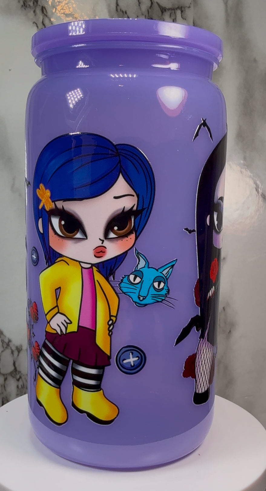 Horror Girls UVDTF on a PLASTIC purple beer can cup