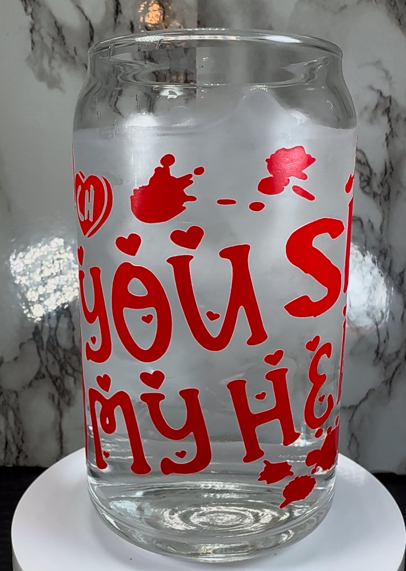 Valentine’s Day Friday the 13th Jason Voorhees color changing Red permanent vinyl on a libbey beer can glass.