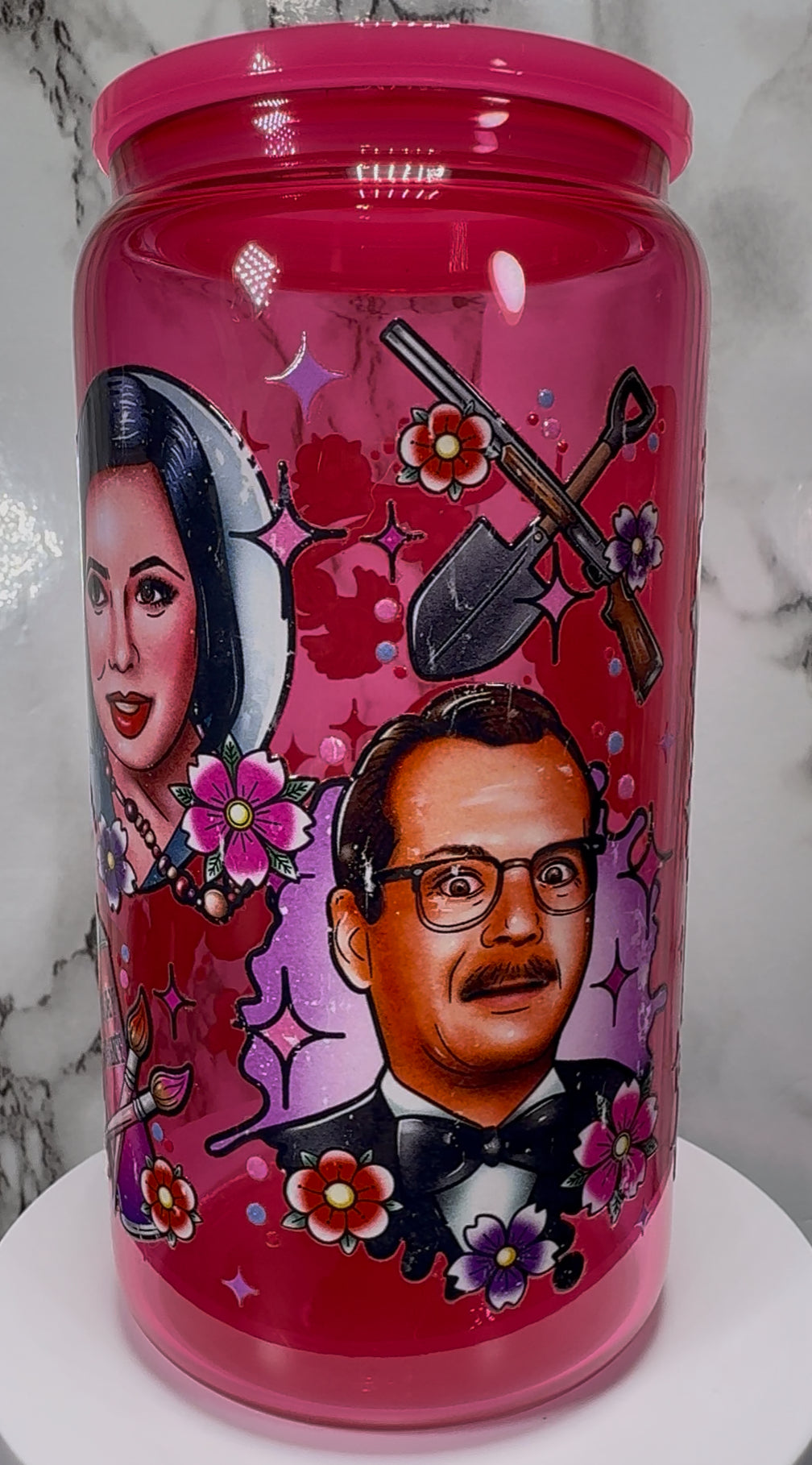 Death Becomes Her UVDTF on a hot pink beer can glass