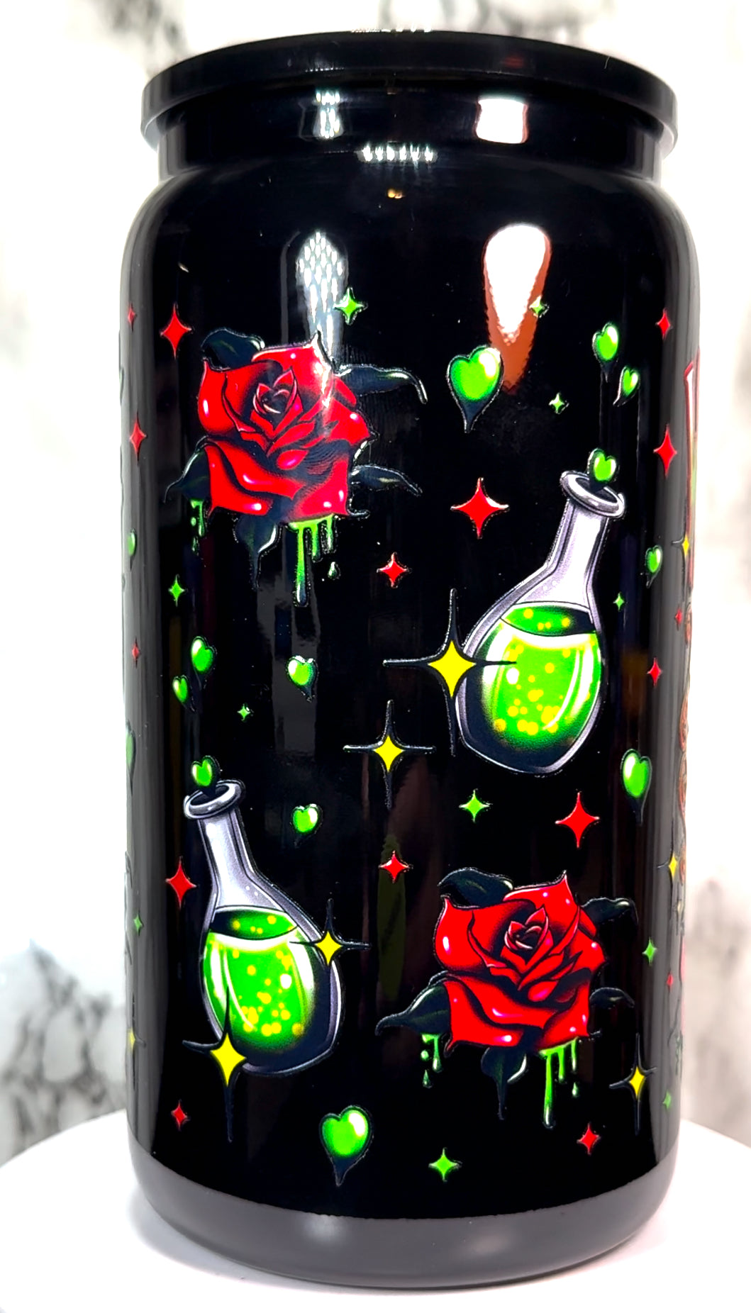 Love is Poison Wednesday Addams Valentine’s Day UVDTF on black beer can glass