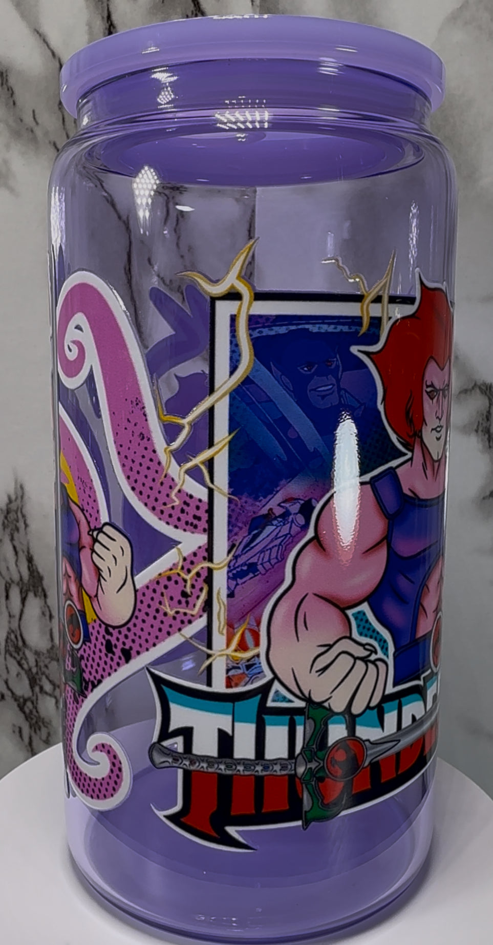 Thundercats UVDTF on a purple beer can glass